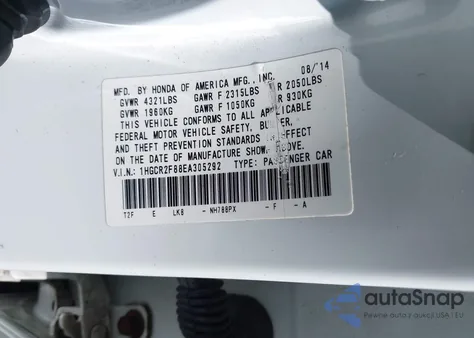 2014 Honda Accord Ex-L из США, поврежденный, VIN 1HGCR2F88EA305292